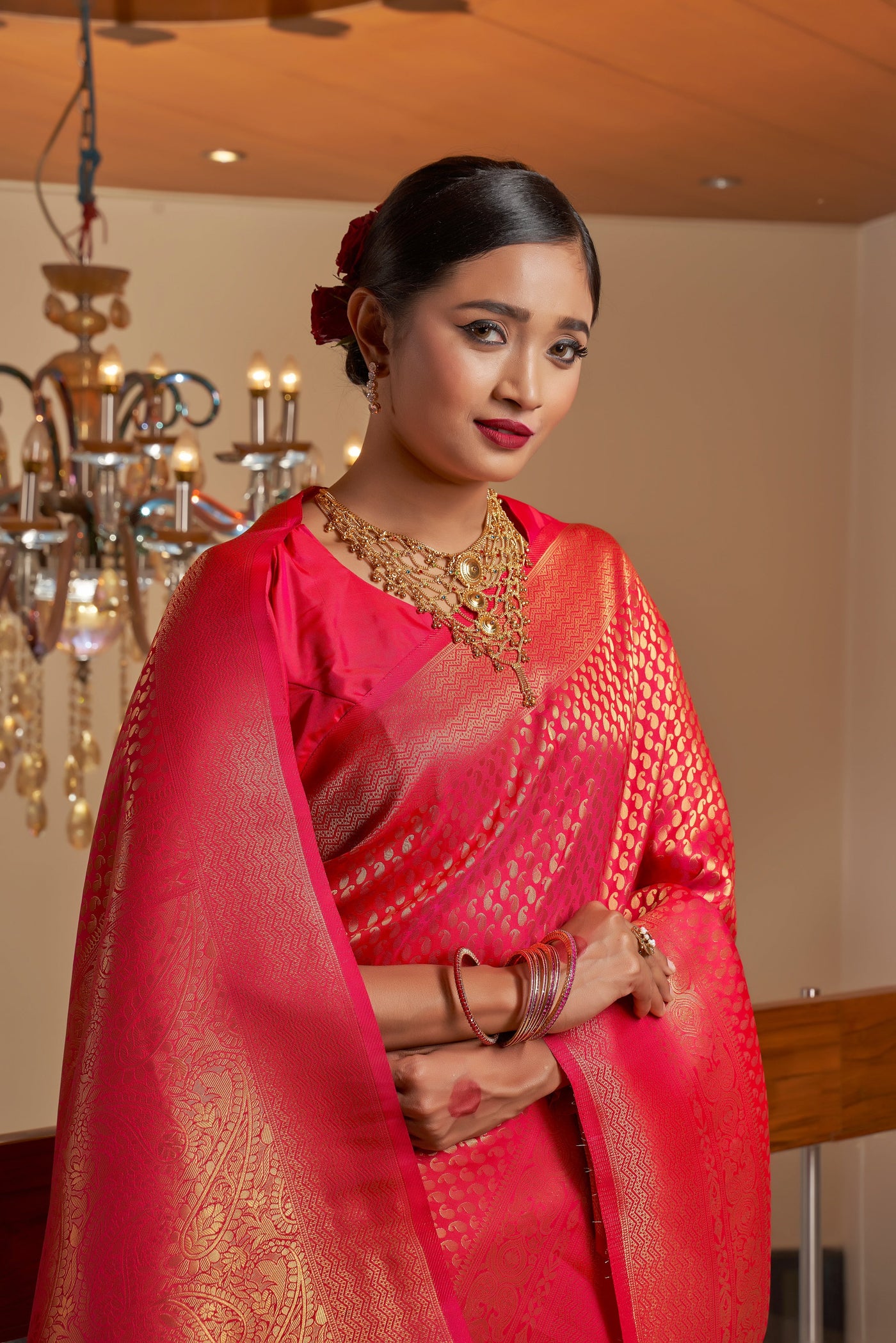 Scarlet Pink Golden Zari Kanjeevaram Silk Saree