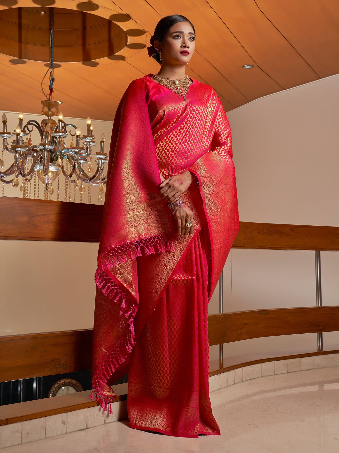 Scarlet Pink Golden Zari Kanjeevaram Silk Saree