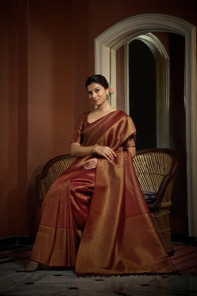 Rosewood Maroon Golden Zari Kanjeevaram Silk Saree