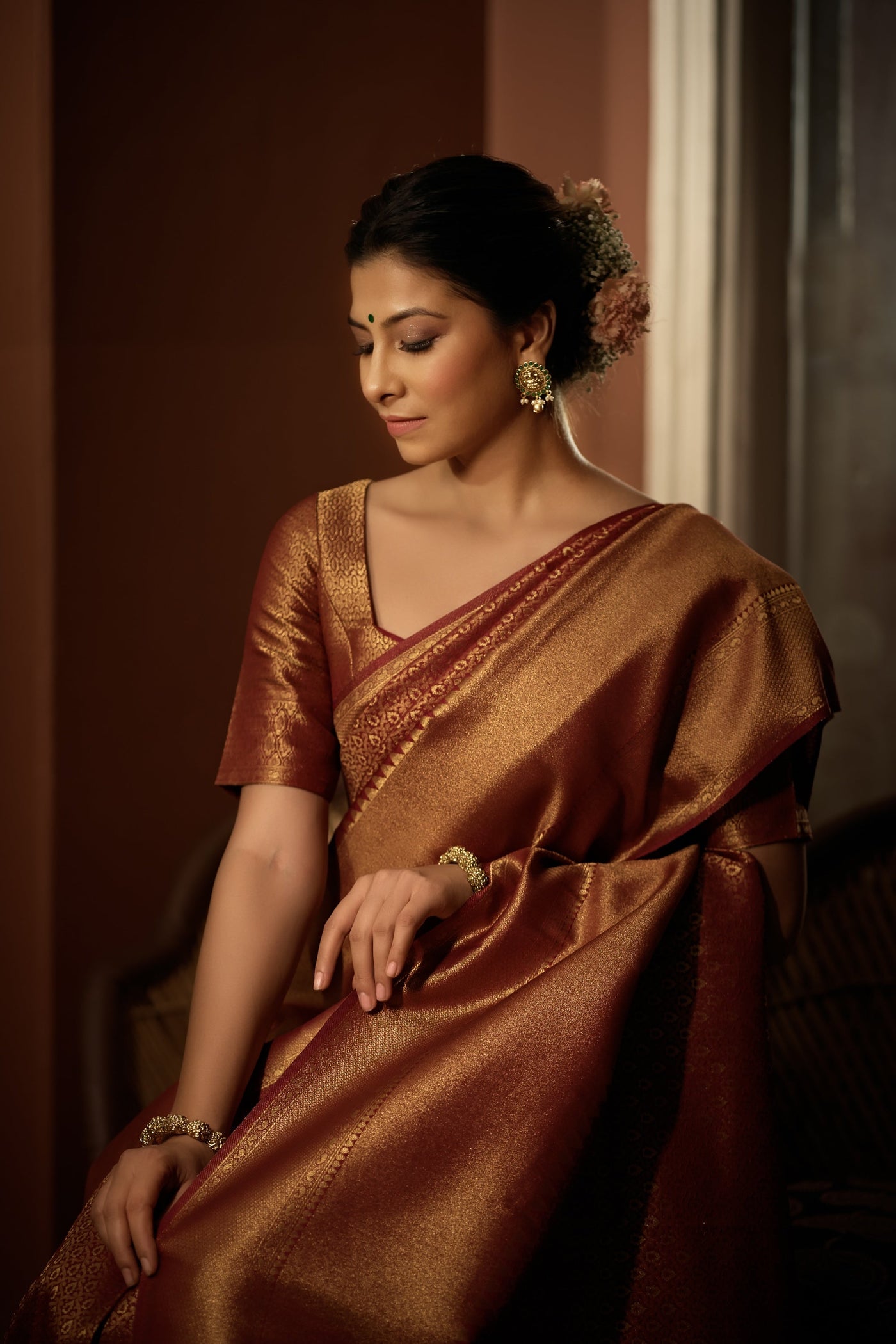 Rosewood Maroon Golden Zari Kanjeevaram Silk Saree