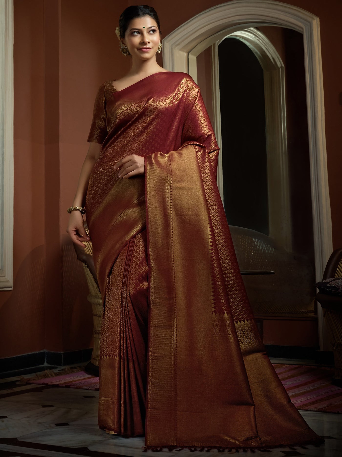 Rosewood Maroon Golden Zari Kanjeevaram Silk Saree