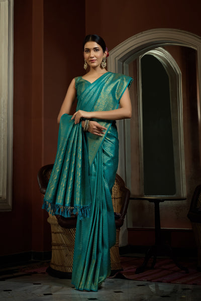 Tiffany Blue Golden Zari Kanjeevaram Silk Saree