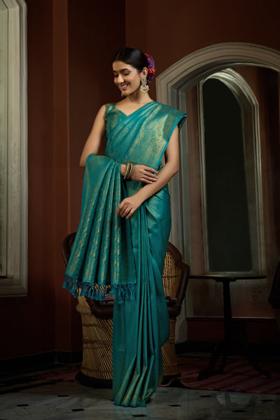 Tiffany Blue Golden Zari Kanjeevaram Silk Saree