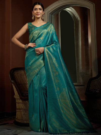 Tiffany Blue Golden Zari Kanjeevaram Silk Saree