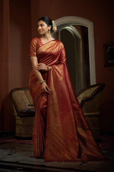 Auburn Red Golden Zari Kanjeevaram Silk Saree - House of Vardha