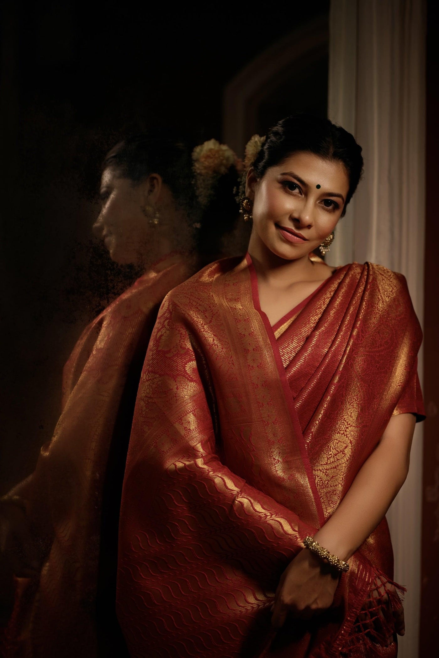 Auburn Red Golden Zari Kanjeevaram Silk Saree - House of Vardha