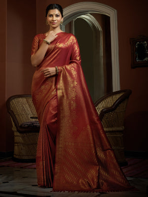 Auburn Red Golden Zari Kanjeevaram Silk Saree - House of Vardha