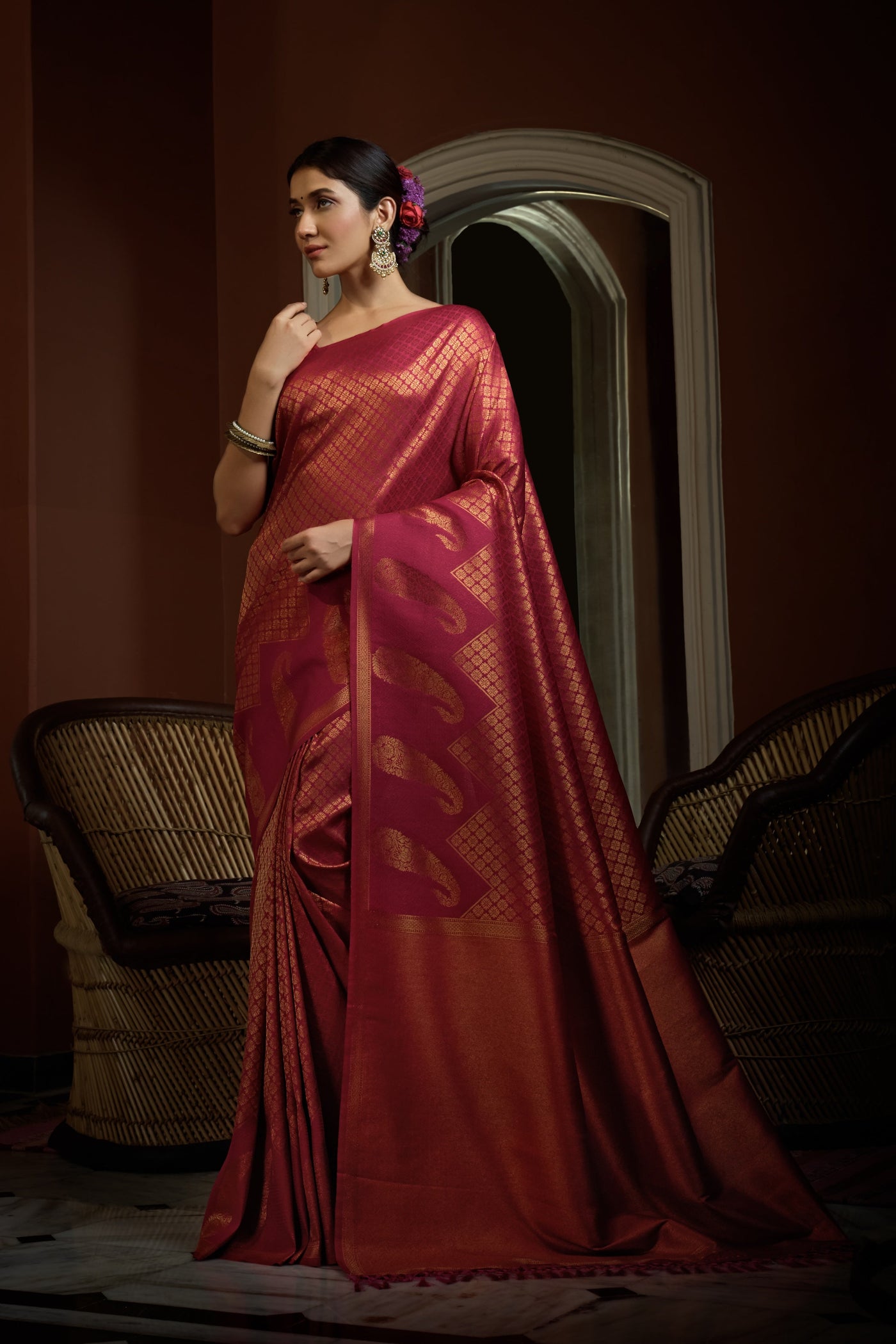 Fuchsia Pink Golden Zari Kanjeevaram Silk Saree