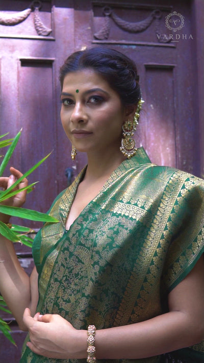 Brunswick Green Golden Zari Kanjeevaram Silk Saree
