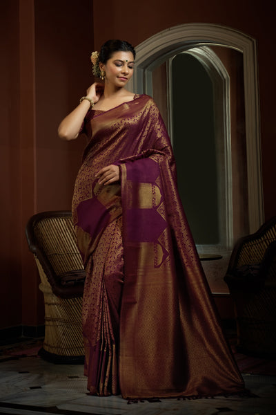 Tyrian Wine Golden Zari Kanjeevaram Silk Saree