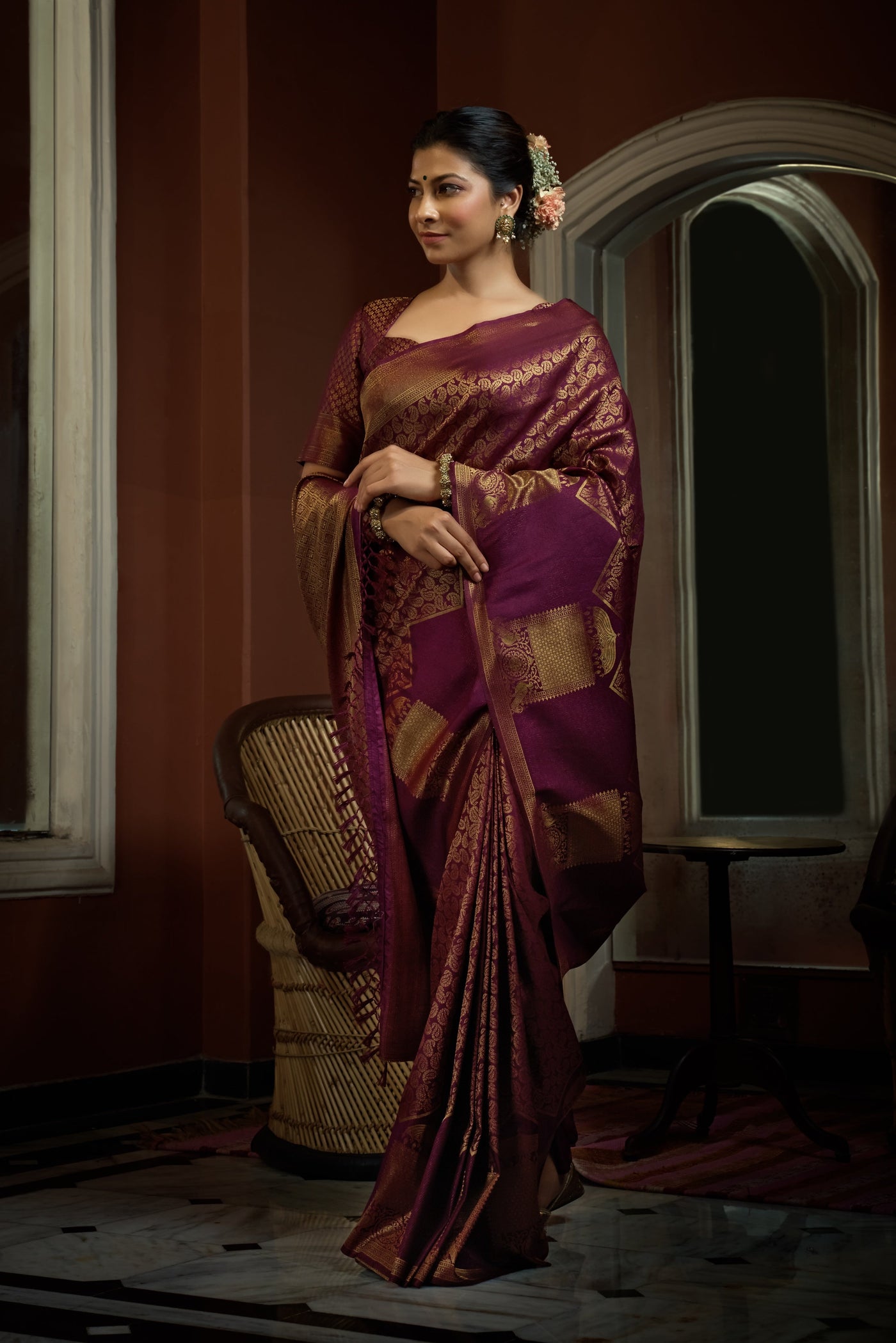 Tyrian Wine Golden Zari Kanjeevaram Silk Saree