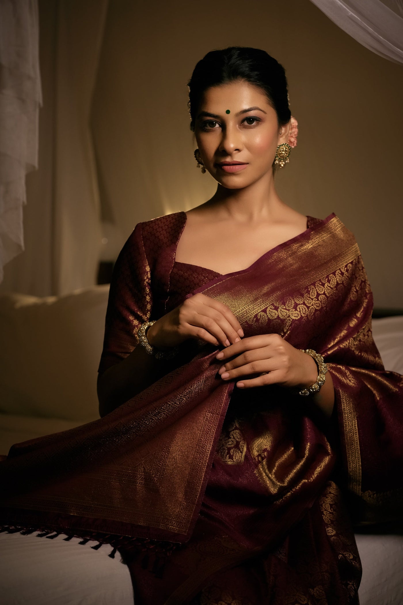 Tyrian Wine Golden Zari Kanjeevaram Silk Saree