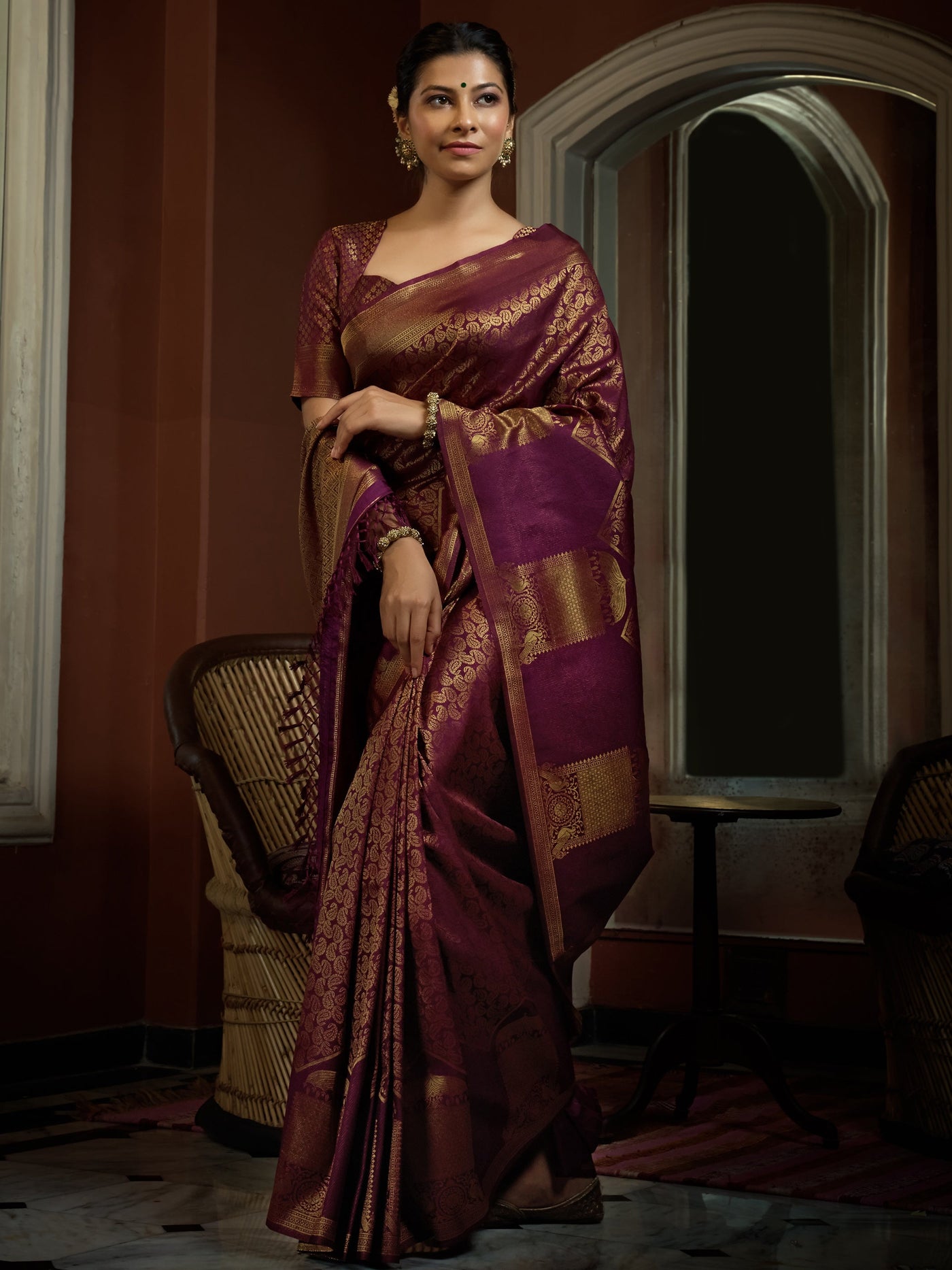 Tyrian Wine Golden Zari Kanjeevaram Silk Saree