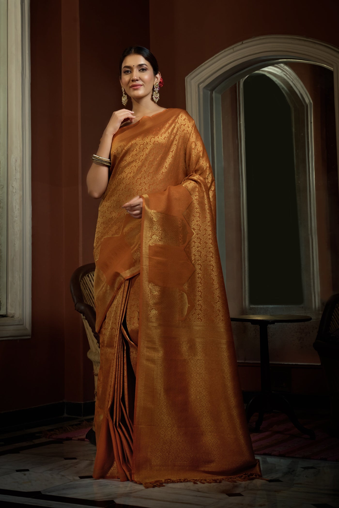 Ochre Yellow Golden Zari Kanjeevaram Silk Saree