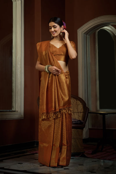 Ochre Yellow Golden Zari Kanjeevaram Silk Saree