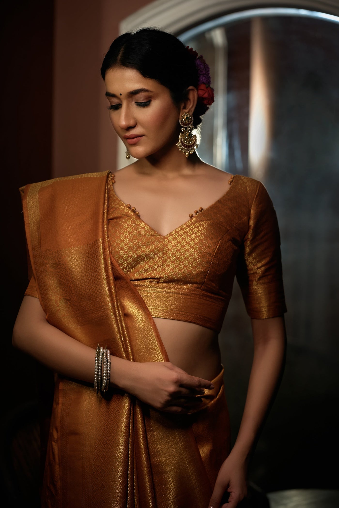 Ochre Yellow Golden Zari Kanjeevaram Silk Saree