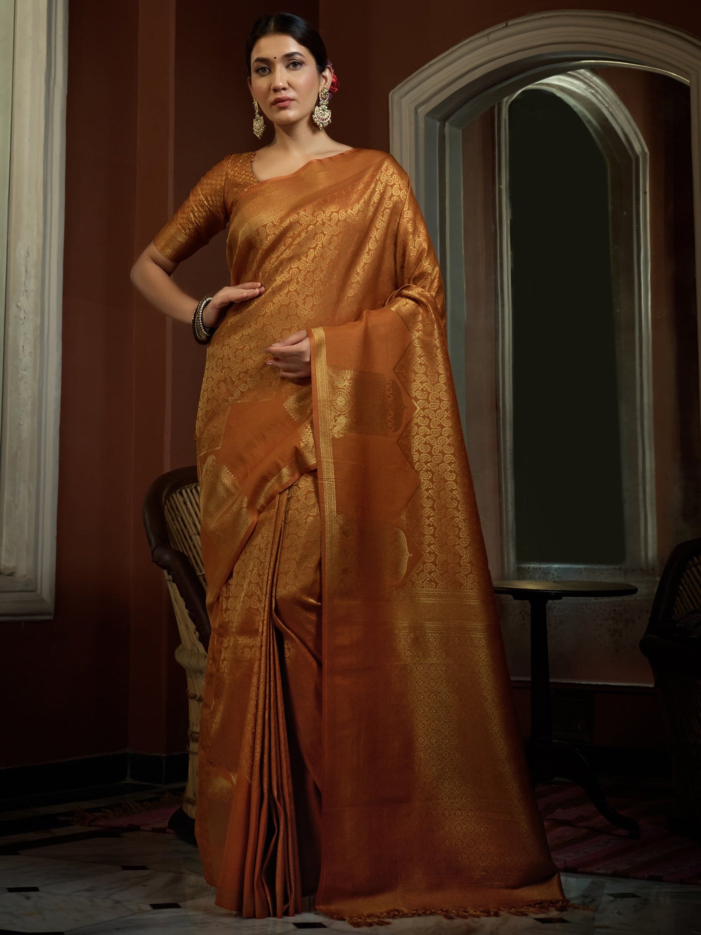 Ochre Yellow Golden Zari Kanjeevaram Silk Saree