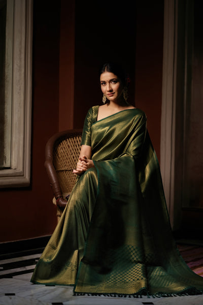 Myrtle Green Golden Zari Kanjeevaram Silk Saree