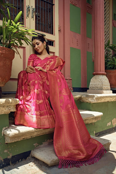 Bright Pink Golden Zari Banarasi Satin Silk Saree - House of Vardha