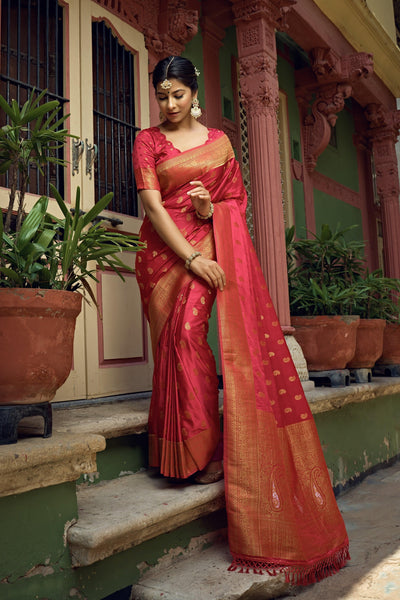 Candy Apple Red Golden Zari Banarasi Satin Silk Saree - House of Vardha