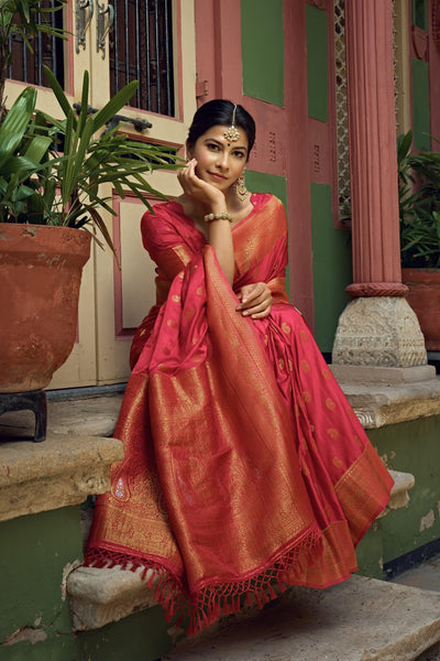 Candy Apple Red Golden Zari Banarasi Satin Silk Saree - House of Vardha