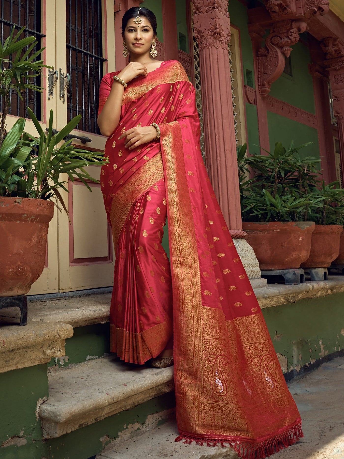 Candy Apple Red Golden Zari Banarasi Satin Silk Saree - House of Vardha