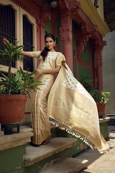 Ivory White Golden Zari Banarasi Satin Silk Saree