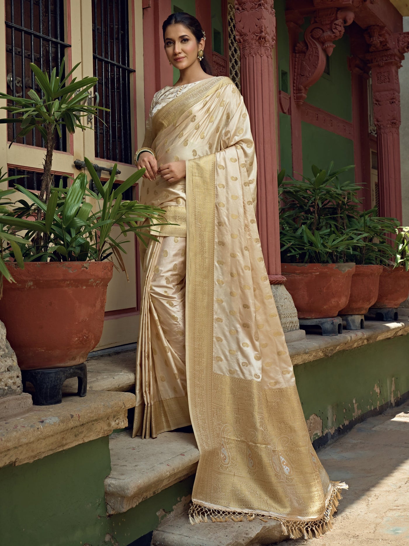 Ivory White Golden Zari Banarasi Satin Silk Saree