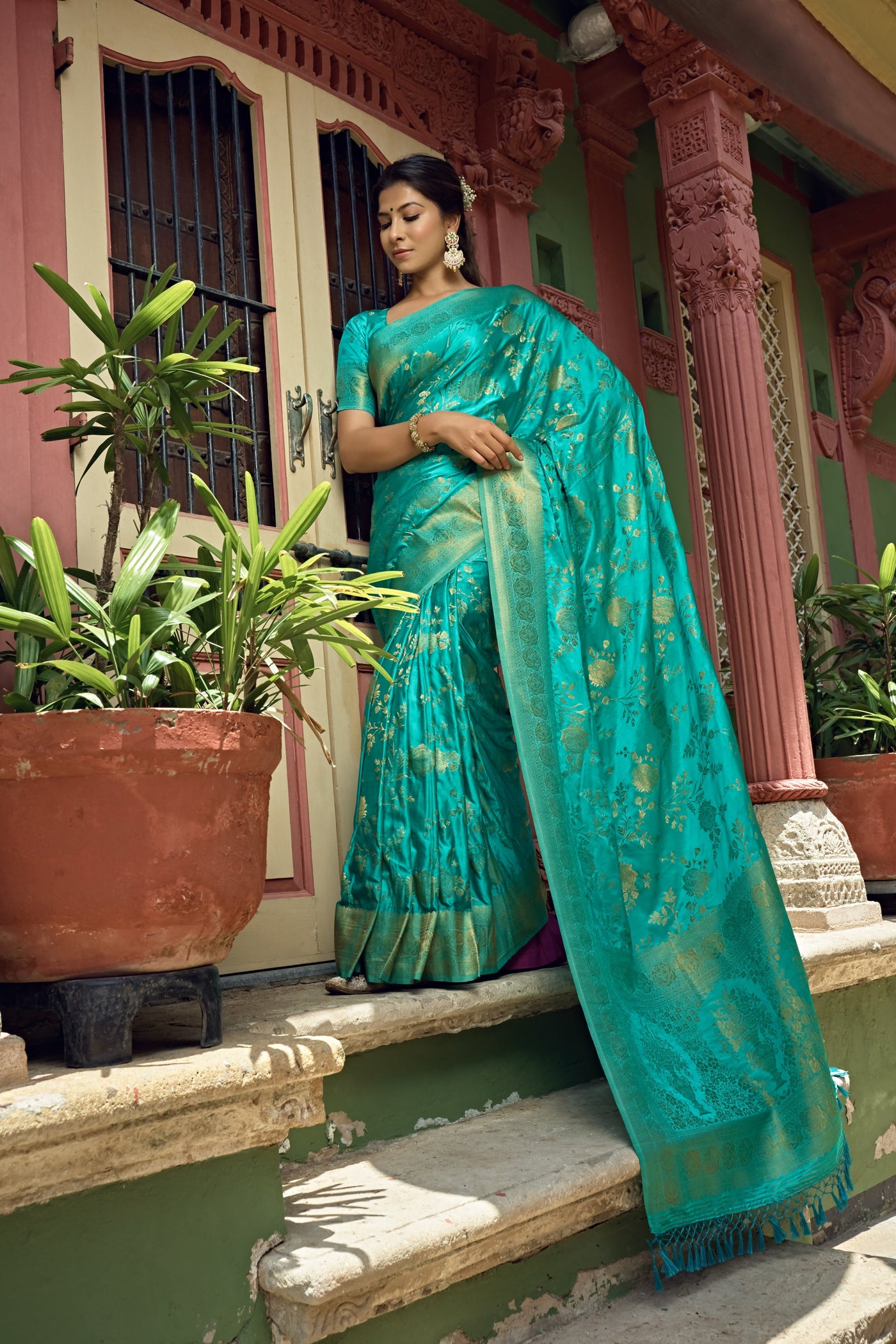 Turquoise Blue Golden Zari Banarasi Satin Silk Saree