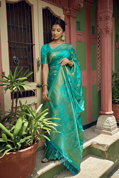 Turquoise Blue Golden Zari Banarasi Satin Silk Saree