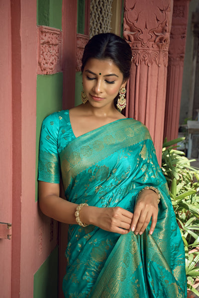 Turquoise Blue Golden Zari Banarasi Satin Silk Saree