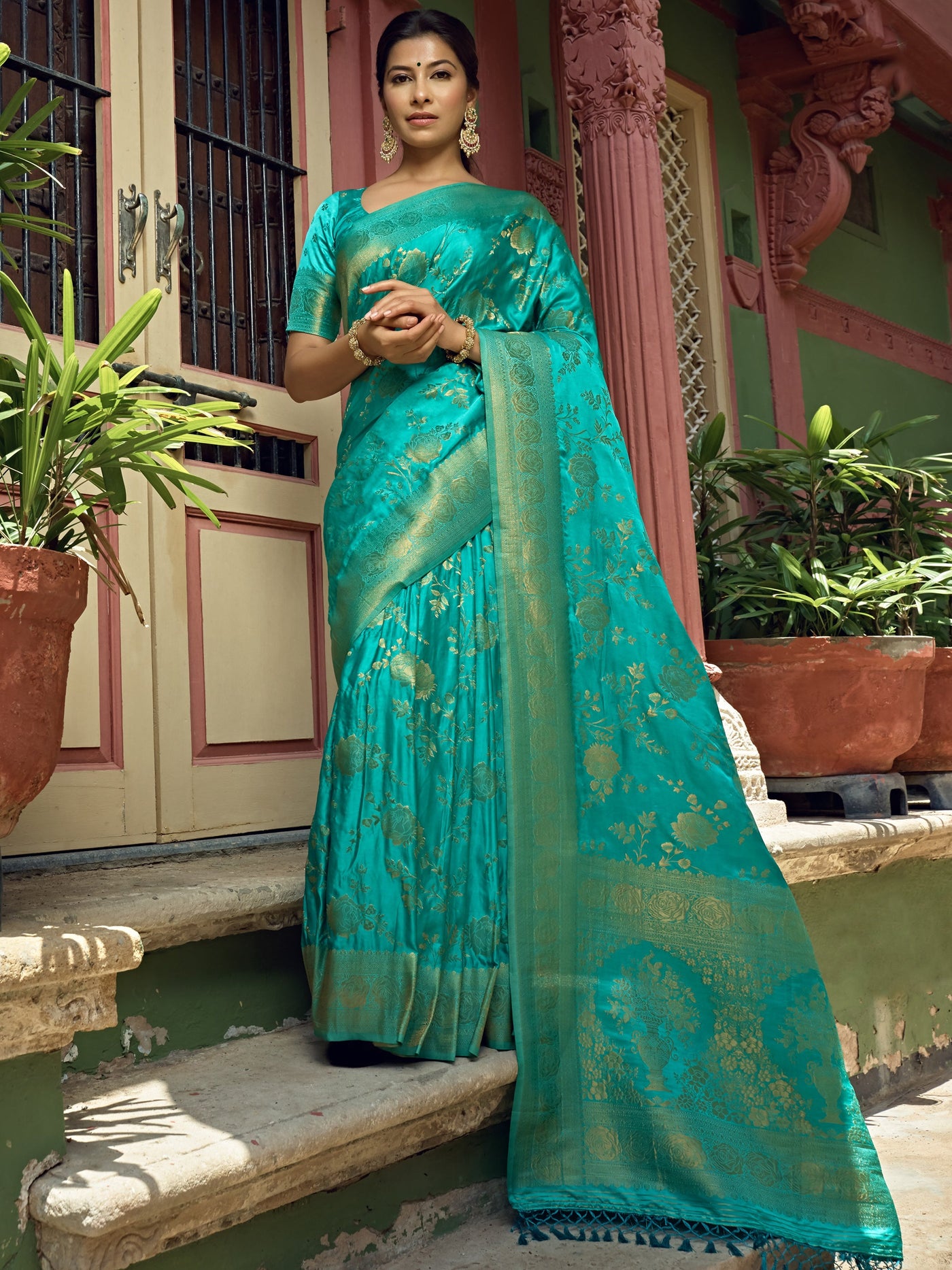 Turquoise Blue Golden Zari Banarasi Satin Silk Saree