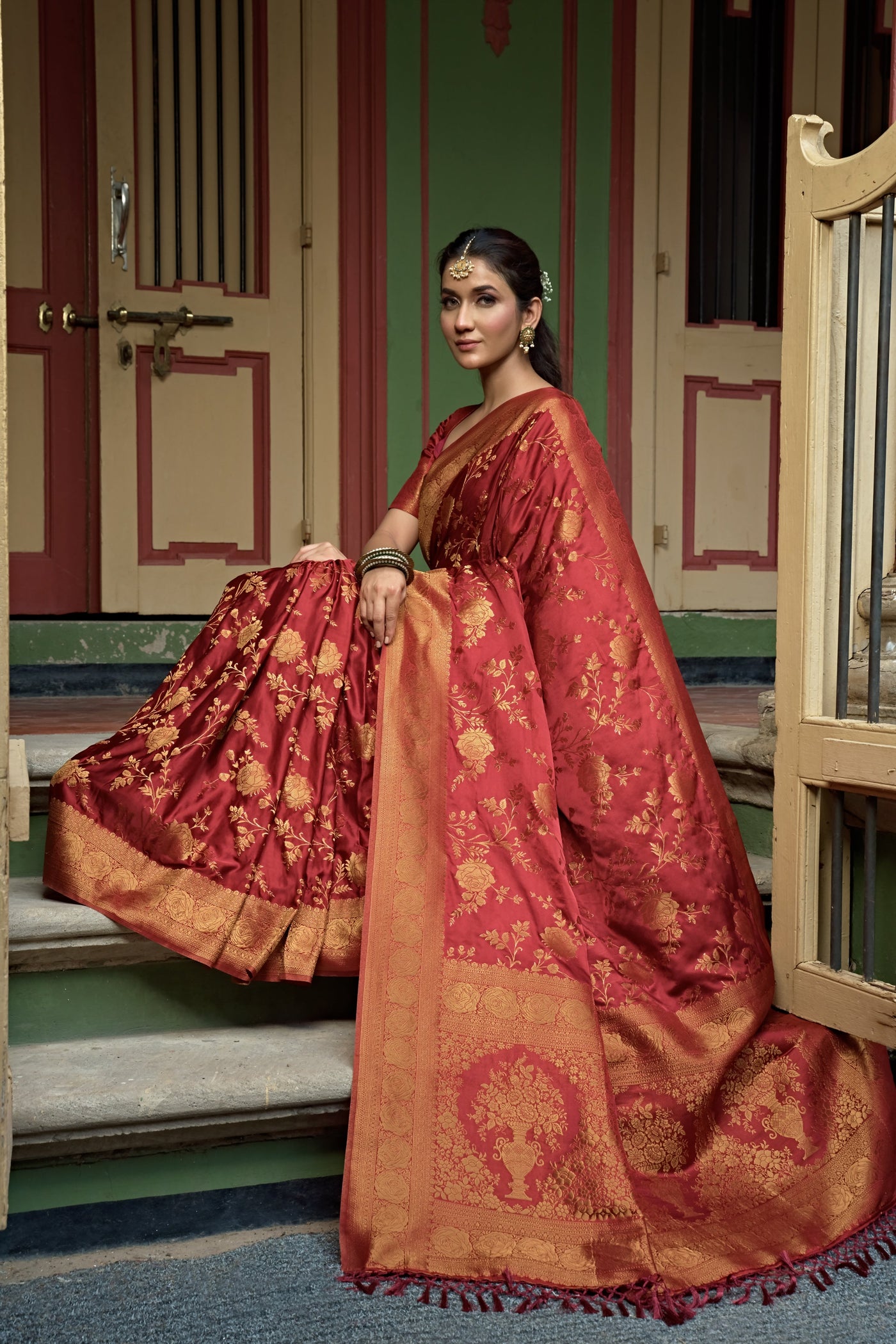 Royal Ruby Red Golden Zari Banarasi Satin Silk Saree | House of Vardha