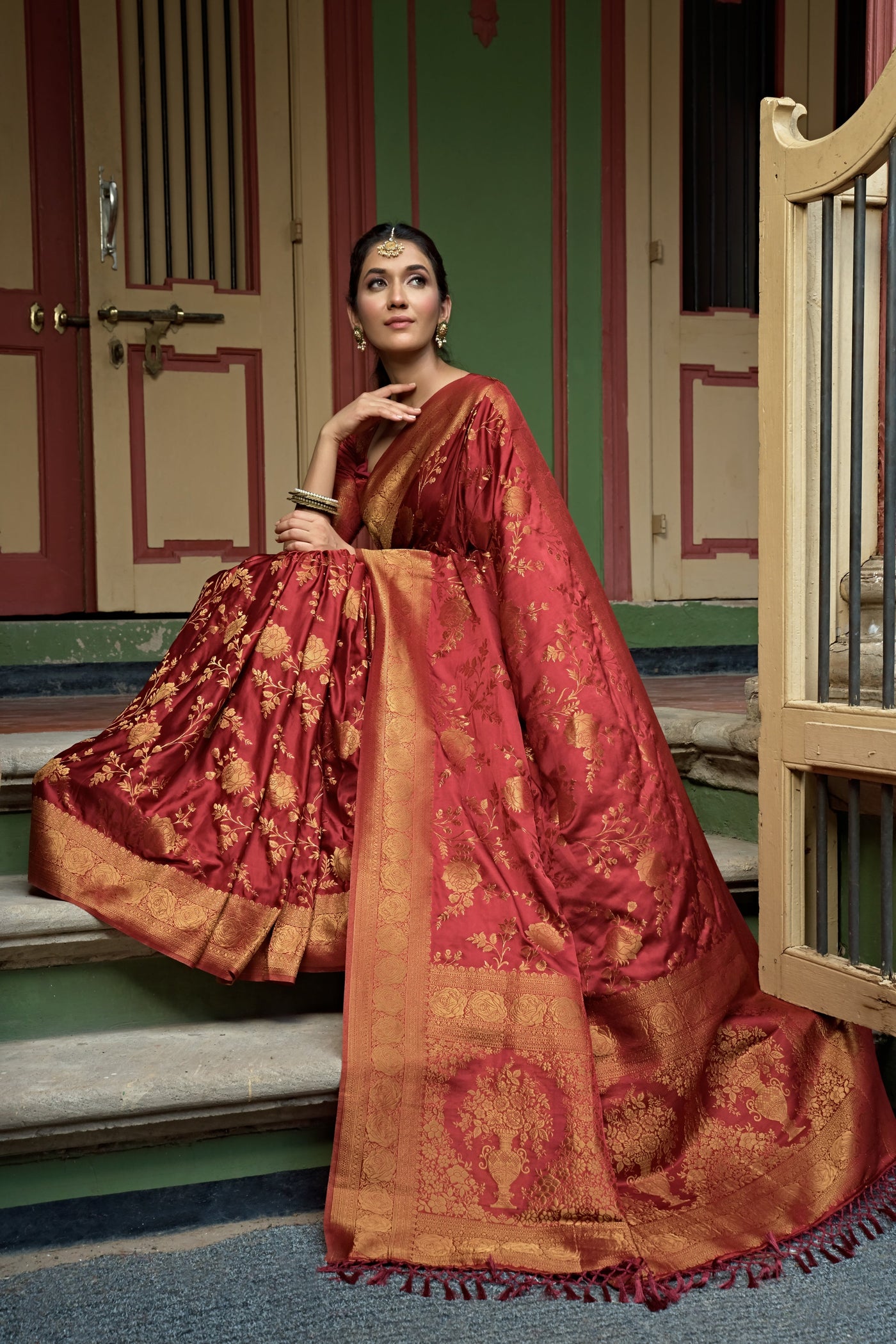 Royal Ruby Red Golden Zari Banarasi Satin Silk Saree | House of Vardha