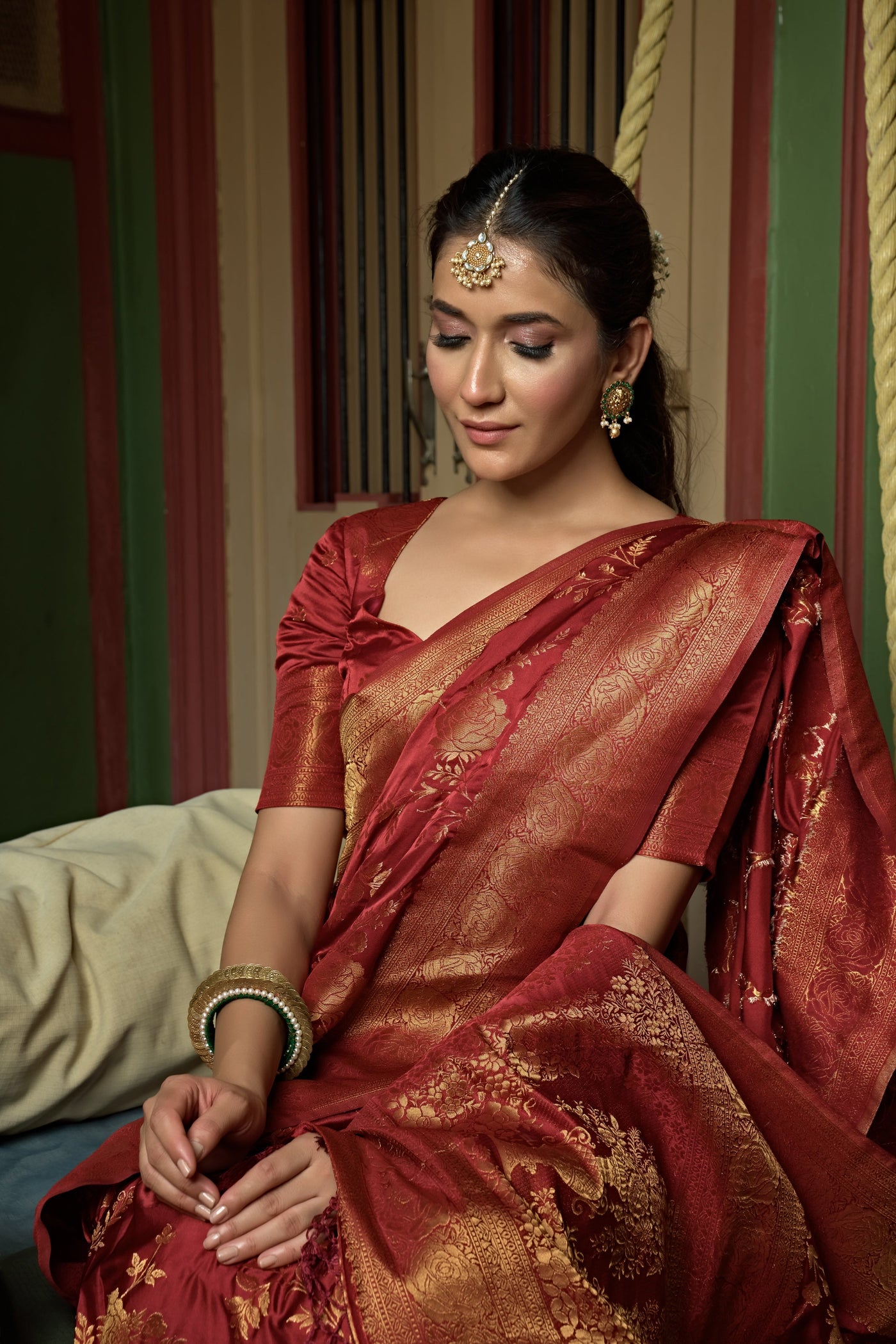 Royal Ruby Red Golden Zari Banarasi Satin Silk Saree | House of Vardha