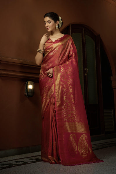 Carmine Red Golden Zari Kanjeevaram Silk Saree - House of Vardha