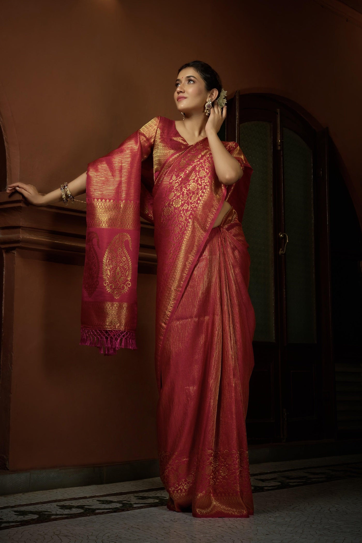 Carmine Red Golden Zari Kanjeevaram Silk Saree - House of Vardha