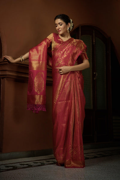 Carmine Red Golden Zari Kanjeevaram Silk Saree - House of Vardha