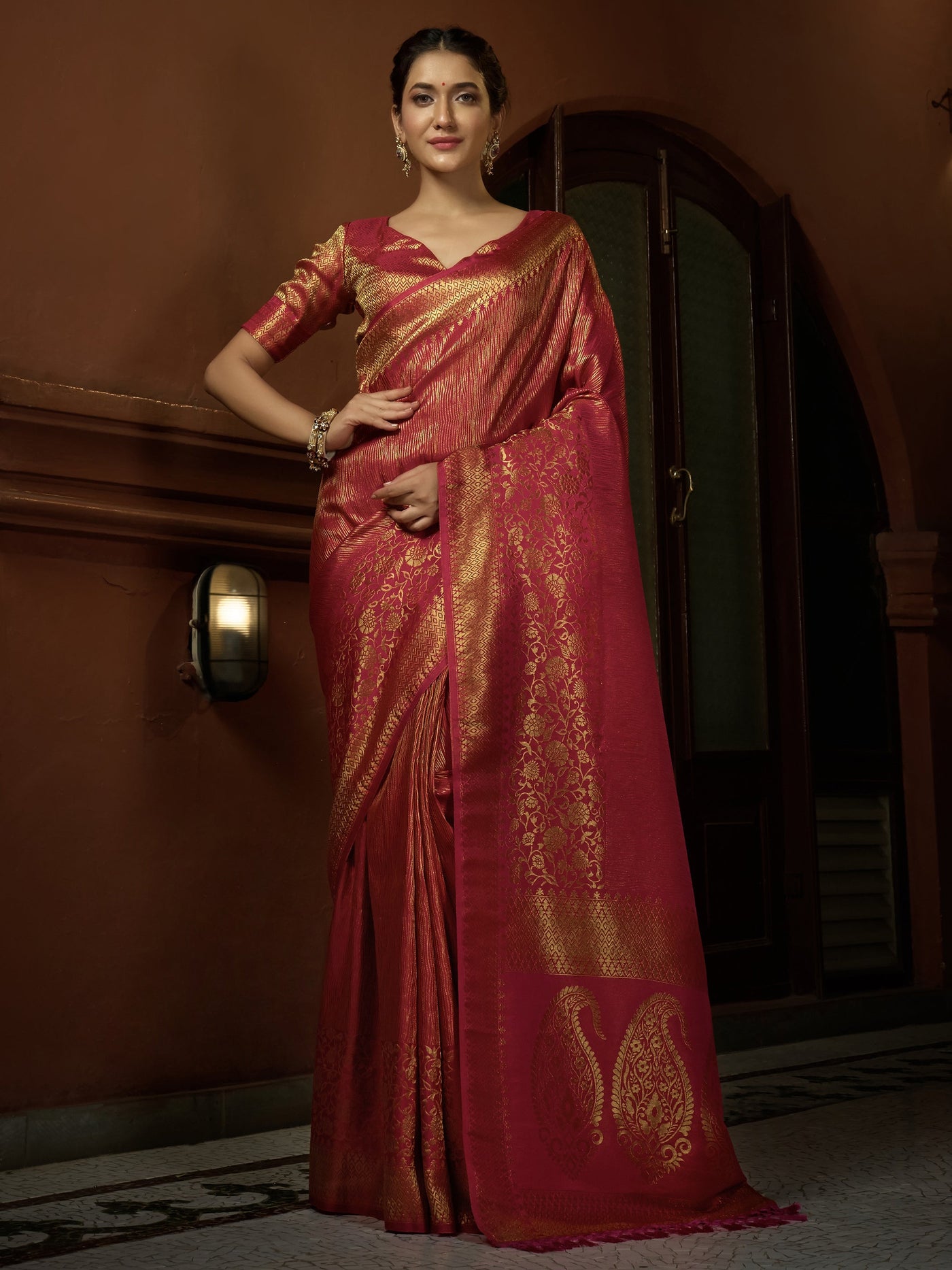 Carmine Red Golden Zari Kanjeevaram Silk Saree - House of Vardha