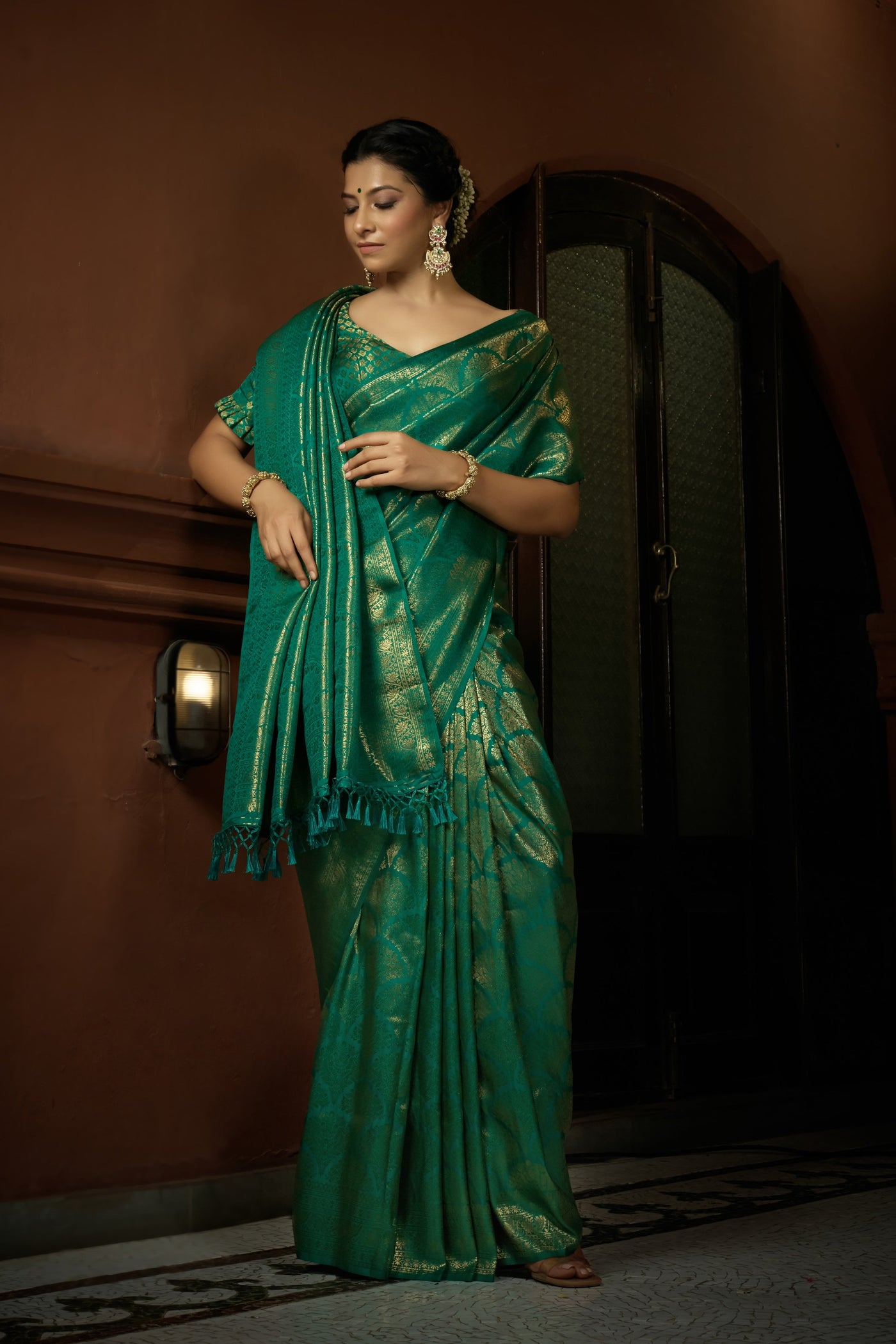 Persian Green Golden Zari Kanjeevaram Silk Saree