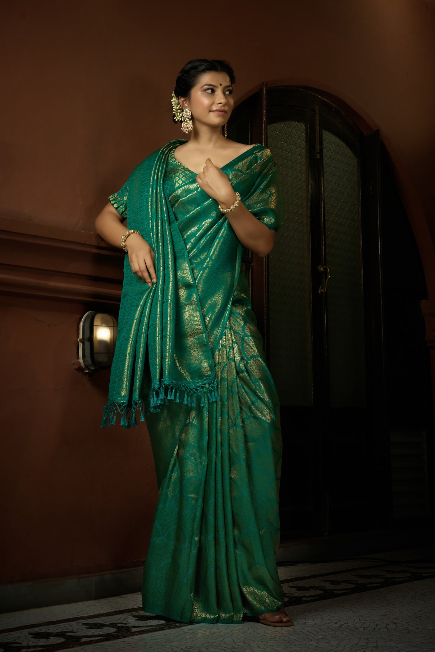 Persian Green Golden Zari Kanjeevaram Silk Saree