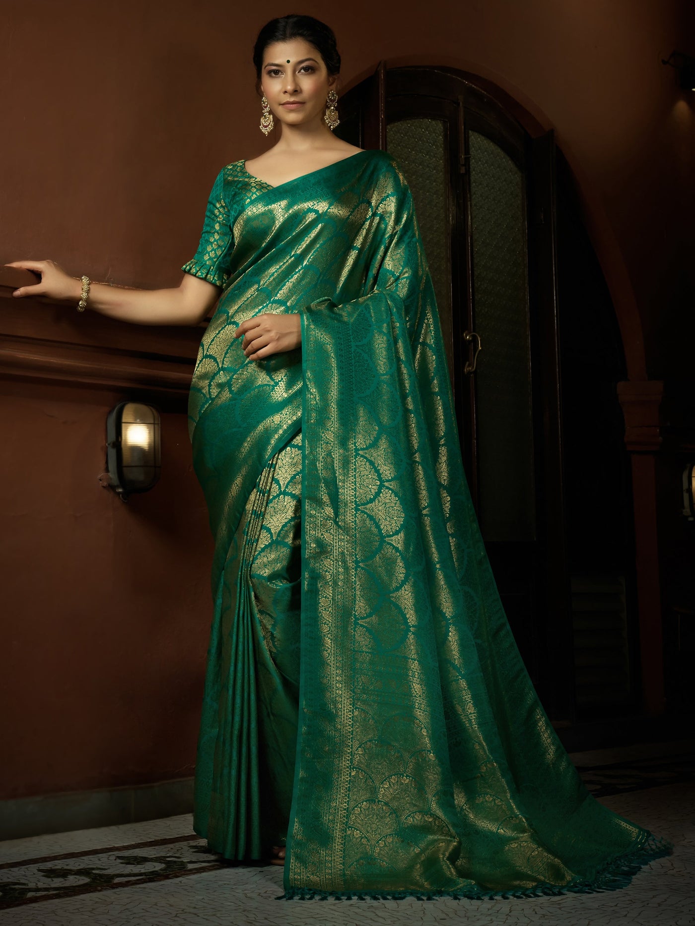 Persian Green Golden Zari Kanjeevaram Silk Saree