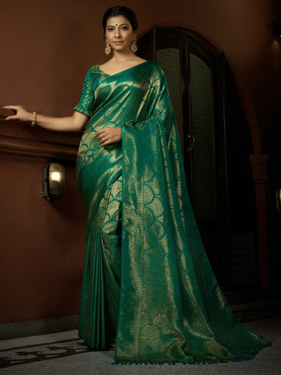 Persian Green Golden Zari Kanjeevaram Silk Saree
