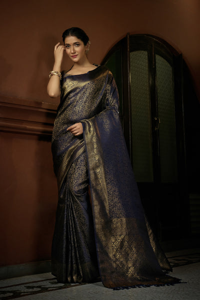 Prussian Blue Golden Zari Kanjeevaram Silk Saree