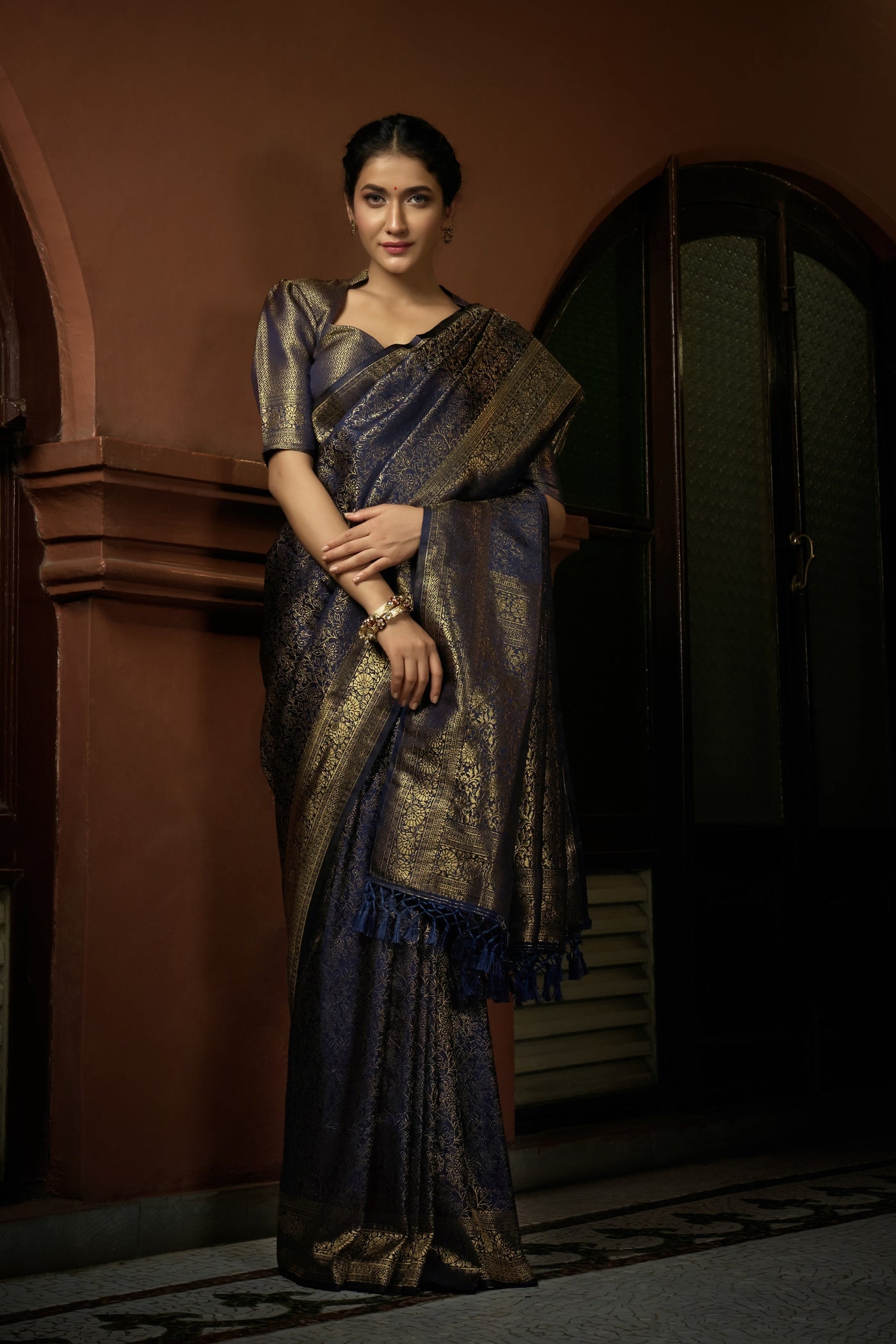 Prussian Blue Golden Zari Kanjeevaram Silk Saree