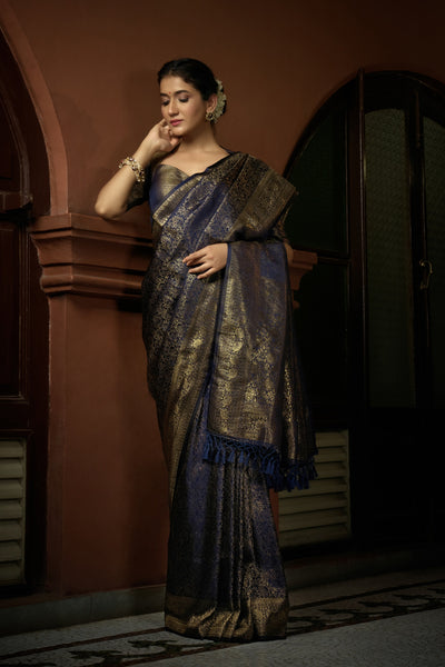 Prussian Blue Golden Zari Kanjeevaram Silk Saree