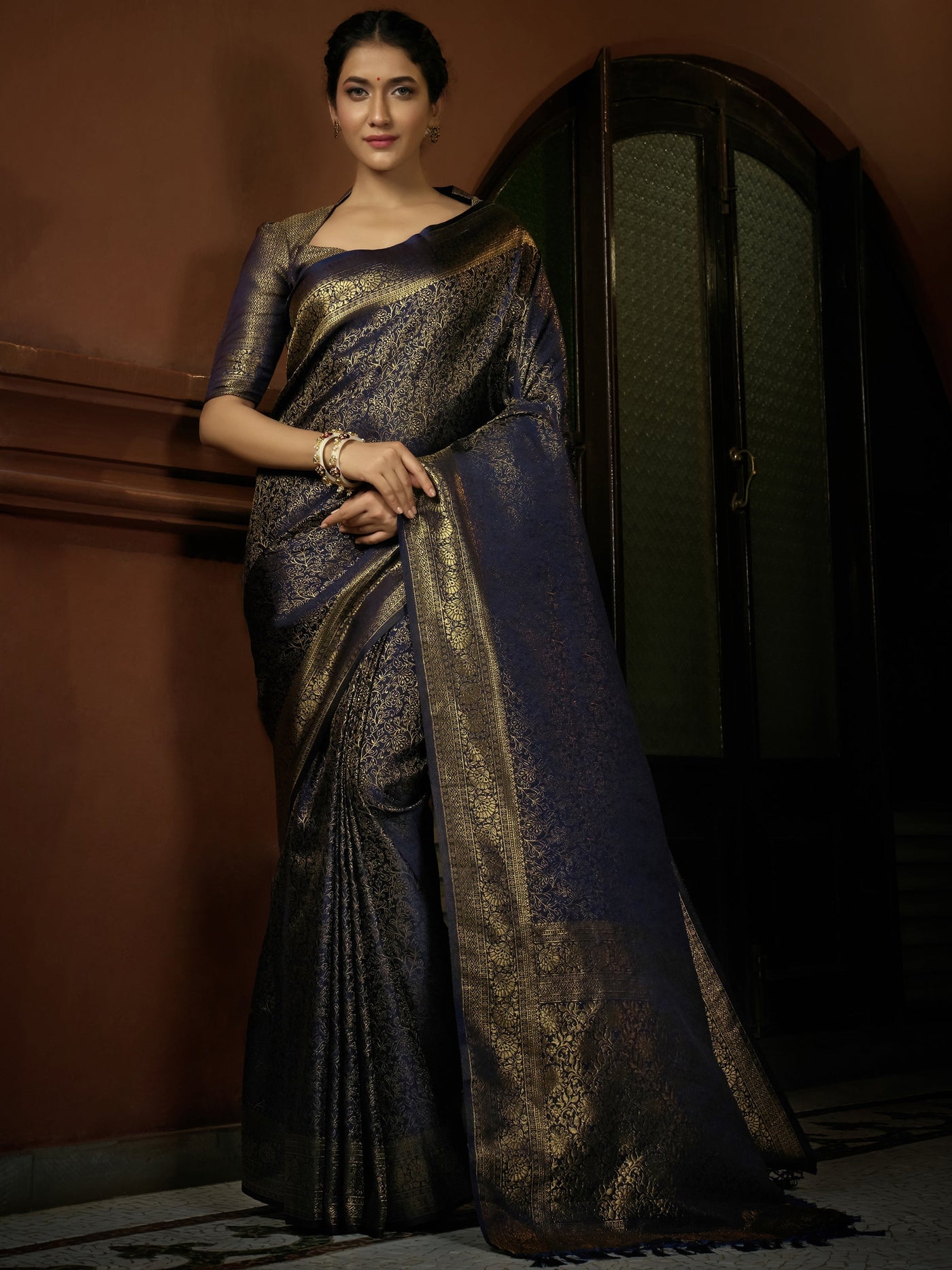 Prussian Blue Golden Zari Kanjeevaram Silk Saree