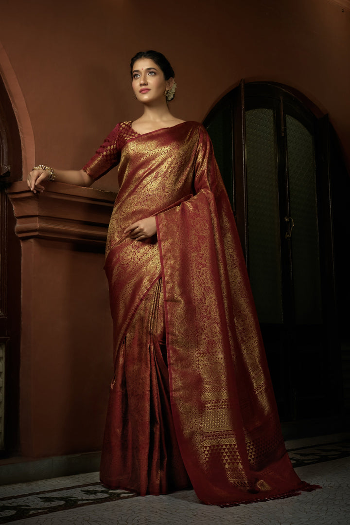 Venetian Maroon Golden Zari Kanjivaram Silk Saree