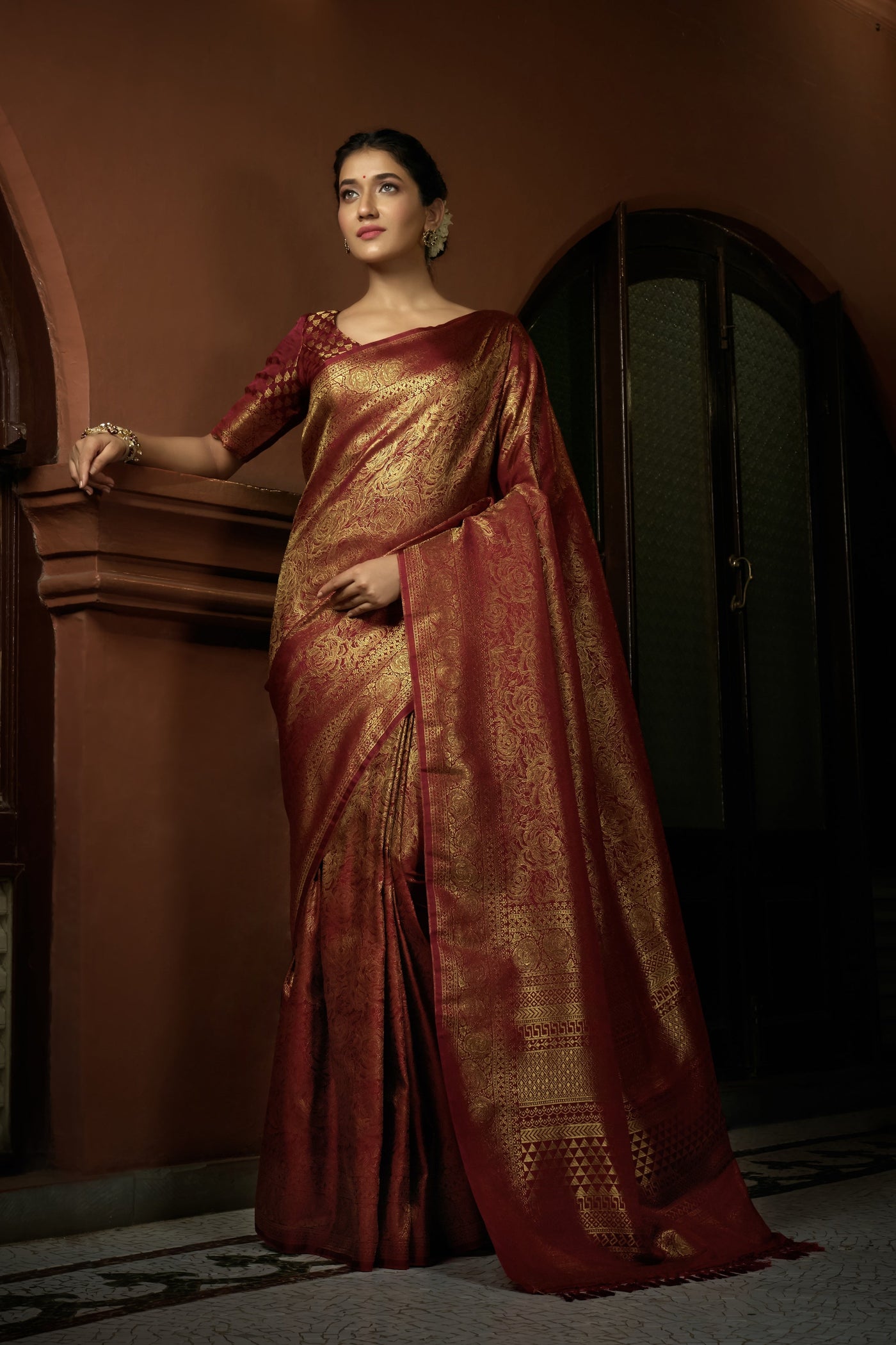 Venetian Red Golden Zari Kanjeevaram Silk Saree