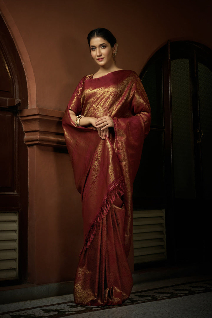 Venetian Maroon Golden Zari Kanjivaram Silk Saree